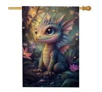 Whimsical Baby Dragon Garden Flag, creatura fantasy color foglia di tè con design della foresta incantata, stile magico primaverile estivo, decorazione da cortile su entrambi i lati per esterni