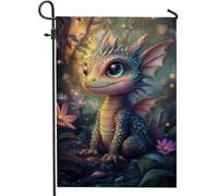 Whimsical Baby Dragon Garden Flag, creatura fantasy color foglia di tè con design della foresta incantata, stile magico primaverile estivo, decorazione da cortile su entrambi i lati per esterni