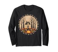 Whimsical Cottage Autumn Scene with Leaves And Pumpkin Maglia a Manica