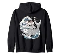 Whimsical Kitty Surfing Koi Pesce Onda Giapponese Oceano Arte Felpa con Cappuccio