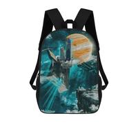 Whimsical Landscape with Tree And Moon Zaini Stampati 3D Borsa Scuola Casual Bambini Moda Scuola Per Ragazzi Scuola, Galactic Cityscape Future Urban Fantasy, 17"