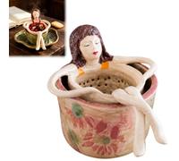 Whimsical Sitting Lady Ceramic Tea Strainer Collection, Human Shaped Tea Infuser for Decorative Display, Reusable Removable Porous Loose Leaf Teas Steeper & Drip Cup Set