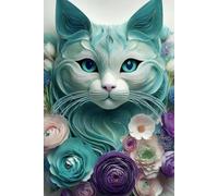 Whimsical Turquoise Cat Blooms, 6x9 lined notebook, 100 pages
