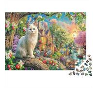 Whimsical White Garden Cat 1000 Piece Jigsaw Puzzle, Cat Art Print, Fun Family Game, Gift for Cat Lovers