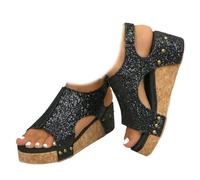 Whimsyard Sandali da donna ortopedici con zeppa in pelle con zeppa larga, sandali con zeppa da donna con fibbia a punta aperta, Glitter nero, 38 EU Large