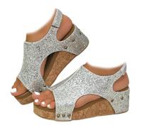Whimsyard Sandali da donna ortopedici con zeppa in pelle con zeppa larga, sandali con zeppa da donna con fibbia a punta aperta, Glitter argento, 43 EU Large