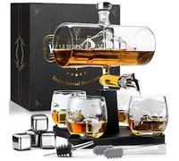 WHISISKEY Decanter per Whisky - Set Whisky Regalo - Idee Regalo Uomo Compleanno - Velieri Decanter 1100ML, Scatola Regalo, 4 Bicchieri da Whisky x 285ML, 4 Pietre di Whisky, Accessori