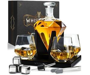 WHISISKEY Whiskey Karaffe Set - Whiskey Geschenkset - Geschenke für Männer - Männergeschenke Geschenk - Geburtstagsgeschenk Mann - Diamant Dekanter 1000ML, Geschenkbox, 4 Gläser, 4 Whisky Steine