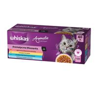 WHISKAS Adult Aromatica Mix sacchetti 40x85 g cibo umido completo per gatti adulti in salsa con pezzi di maiale glassato e carote, pollo succoso, con pezzi di pesce oceanico in brodo, salmone delicato