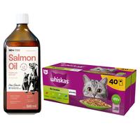 WHISKAS Adult bustine 40 x 85 g Gusti misti - cibo umido per gatti adulti in gelatina (tagli con: manzo, pollo, salmone, tonno) + LAB V Olio di salmone con maggior contenuto vitaminico 500ml