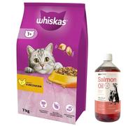 WHISKAS Cibo secco per gatti 1+ con pollo 7kg & LAB V Olio di Salmone per cani e gatti 1000ml