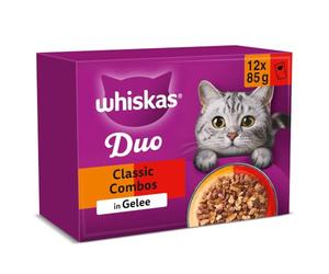 WHISKAS Duo - Sacchetti per alimenti umidi multipack, Classic Combo in gelatina, 12 x 85 g