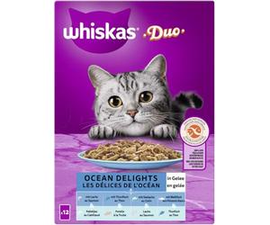 WHISKAS Duo - Sacchetti per alimenti umidi multipack, Ocean Delights in gelatina, 12 x 85 g