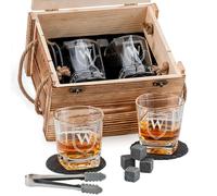 Whiskey Glass Gift Set with Engraving, Granite Stones, Coasters and Rustic Wooden Crate