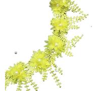 White 3D Chiffon Rose Lace Fabric Flower Pearl Beads Wedding Decor Ribbon DIY Craft 8.5cm Wide(Yellow)