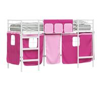 White and Pink Kids Loft Bed with Black Curtains, Metal Frame High Sleeper Bed for Children, Cosy Play Den with Net Curtains, Space Saving Design, Durable Powder Coated Finish, 194x80x116cm