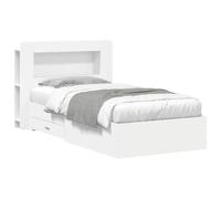 White Bed Frame with Storage and Headboard 80x200 cm Space Saving Upholstered Platform for Small Bedroom Guest Room Organiser Drawers Bed Base Wooden Slatted Single Mattress Design Easy Assembly