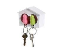 White Birdhouse with 2 Whistle Pink Green Sparrow Key Ring Holder
