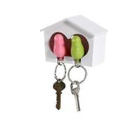 White Birdhouse with 2 Whistle Pink Green Sparrow Key Ring Holder