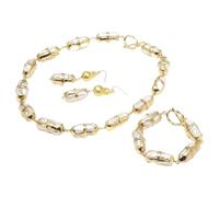 White Biwa Pearl Electroplated Edge Gold Plated Brushed Bead Wrap Necklace Bracelet Earrings Sets For Women HJDIPCKYVG, Earrings, agata