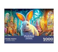 White Bunny in Gothic Hall with Stained Glass Puzzle Da 1000 Pezzi Cute Rabbit Perfetto Per Uomini, Donne, Anziani E over 65 38x26cm/1000pcs