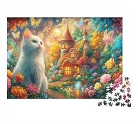 White Cat in A Fairy Garden Puzzle Da 1000 Pezzi Enchanted Cottage Gioco Di Sfida Per Uomini, Donne E Anziani 52x38cm/1000pcs