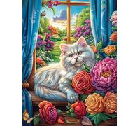 White Cat in Cozy Window with Roses Puzzle 300 Pezzi Per Arredamento Domestico Fairy Tale Scenery Cartoon Cartone Riciclato Ecologico Tema Natura Per Tutta La Casa Con Cornice Inclusa Migliore Vendit