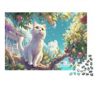 White Cat on Apple Tree Branch Jigsaw Puzzles,1000 Pezzi Puzzle Pet, Gioco Familiare, Festa Aziendale, Regalo Per Amore E Amico 70x50cm/1000pcs