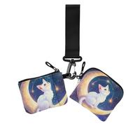 White Cat on Moon - Portafogli da donna, doppio portafoglio, porta biglietti da visita, alla moda, con cerniera, portamonete con portachiavi, per lavoro, viaggi, 2 pezzi, Gatto bianco sulla luna, 1