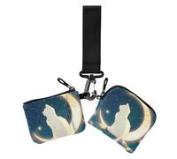 White Cat on Moon - Portafogli doppi da donna, porta biglietti da visita, portamonete di grande capacità, con cinturino da polso, 2 pezzi, Gatto bianco sulla luna, 1 size, Stampa artistica