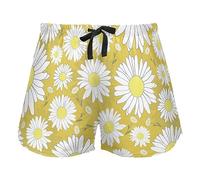 White Chrysanthemum Flower Pajama Bottoms for Women, Elastic Waist Drawstring Lounge Shorts Yoga,L