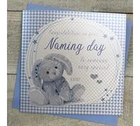 WHITE COTTON CARDS-Album portafoto con Ricamo Coniglietto, Colore: Blu, Congratulations On Your Naming Day, Fatto a Mano per Battesimo