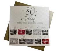 WHITE COTTON CARDS Biglietto di Auguri Compleanno, Realizzato a Mano, con Scritta 80 Wishing You a Wonderful Birthday Granny, Bianco, bdp80-Granny, Cotone, 16cm x 16cm