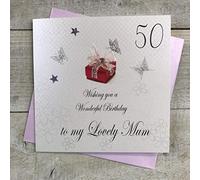 WHITE COTTON CARDS Biglietto di Auguri per 50° Compleanno con Scritta in Inglese “Wishing You a Wonderful Birthday to My Lovely Mum”, Realizzato a Mano, Bianco