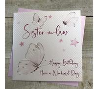 white cotton cards Biglietto di Auguri per cognata di Buon Compleanno con Farfalle, Realizzato a Mano, wb123, Cotone, Bianco, 16cm x 16cm