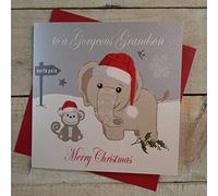 WHITE COTTON CARDS Biglietto di Natale Fatto a Mano con Scritta To A Gorgeous Grandson Merry Christmas. (Elefante e Scimmia, codice xx14-36), Bianco, 16cm x 16cm