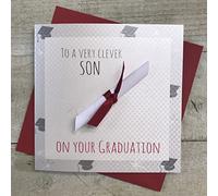 WHITE COTTON CARDS Biglietto di Pergamena Fatto a Mano con Scritta in Lingua Inglese To a Very Clever Son On Your Graduation, Bianco, G15s
