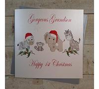 WHITE COTTON CARDS Code XX 14-113 Gorgeous Grandson Happy 1st Christmas-Biglietto di Natale, Realizzato a Mano, Misura Grande, Motivo: Giocattoli