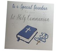 WHITE COTTON CARDS, con Scritta: To a Special Grandson on Your Prima Comunione Blu Bibbia Inglese, Bianco