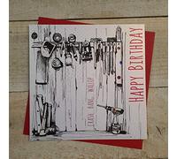 white cotton cards E126 "Tools Happy Birthday" biglietto di auguri fatto a mano, rosso, rosa, nero, marrone, beige