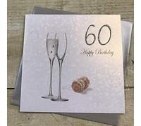 WHITE COTTON CARDS "Happy Birthday 60 ° Compleanno a Mano di Champagne con Design, Argento