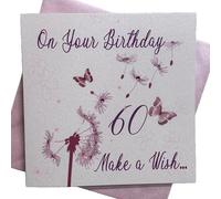 WHITE COTTON CARDS On Your Birthday Make a Wish.Biglietto di Auguri Fatto a Mano per 60° Compleanno (Dente di Leone), Bianco