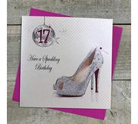 WHITE COTTON CARDS PDA17 - Biglietto d'auguri per 17° Compleanno, Realizzato a Mano, Soggetto: Sfera da Discoteca e Scarpe con Tacco, con Brillantini [Lingua Inglese]