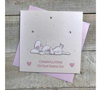 WHITE COTTON CARDS Rosa Coniglietto Ricamato Congratulations on Your Naming Day Handmade Naming Day