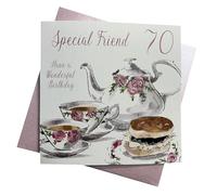 WHITE COTTON CARDS Specail Friend Have a Wonderful Birthday Biglietto di Auguri Fatto a Mano per 70° Compleanno (Tea & Cakes), Bianco