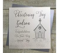 WHITE COTTON CARDS wb46 C-God/s Chiesa d' Argento, Christening Day Godson Congratulations Card, Bianco
