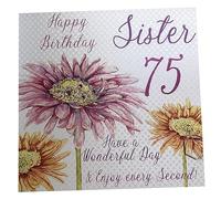 WHITE COTTON CARDS wba75-S-Biglietto di Auguri Compleanno, con Scritta in Lingua Inglese Pink Gerbera, Happy Birthday 75 Sister Have a Wonderful Day, Fatto a Mano, Bianco, Cotone, 16cm x 16cm