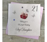 WHITE COTTON CARDS Wishing You a Wonderful Birthday Step-Daughter, Biglietto di Auguri Fatto a Mano per 21° Compleanno (Regalo Rosso), Bianco