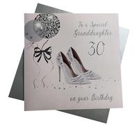 WHITE COTTON CARDS X30GD-Biglietto di Auguri Compleanno, con Scritta Glitter Ball & Shoes, 30 To a Special Granddaughter On Your Birthday, Bianco