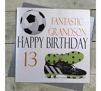 WHITE COTTON CARDS XN13GS-Biglietto di Auguri per Il 13° Compleanno del Nipote Fantastico, Fatto a Mano, Motivo: Calcio, Bianco